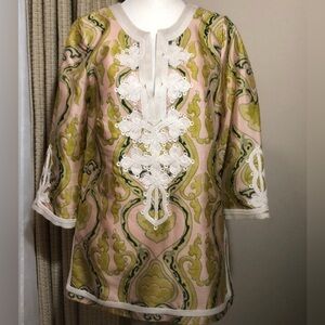 J. Crew Green and Tan Embellished Tunic with Bib Collar size 8 100% silk